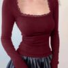 TIVANTE Solid Square Neck Lace Full Sleeve Regular Fit Casual Ribbed Tops for Women - Image 3