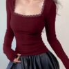 TIVANTE Solid Square Neck Lace Full Sleeve Regular Fit Casual Ribbed Tops for Women - Image 2