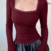 TIVANTE Solid Square Neck Lace Full Sleeve Regular Fit Casual Ribbed Tops for Women - Image 4